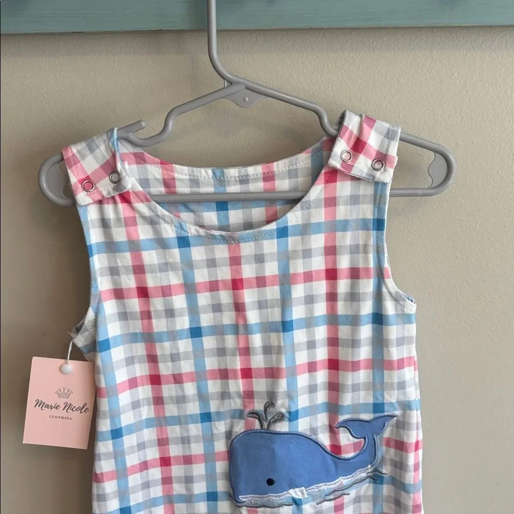 NEW Marie Nicole 12-18 month Plaid Baby Romper with Whale Design